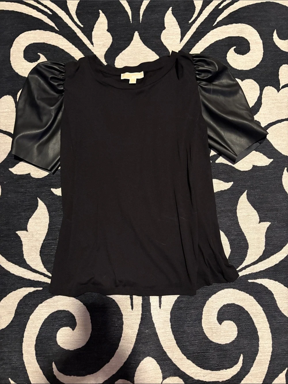 Michael Kors Black Short Sleeve Top with Faux Leather Puff Sleeves